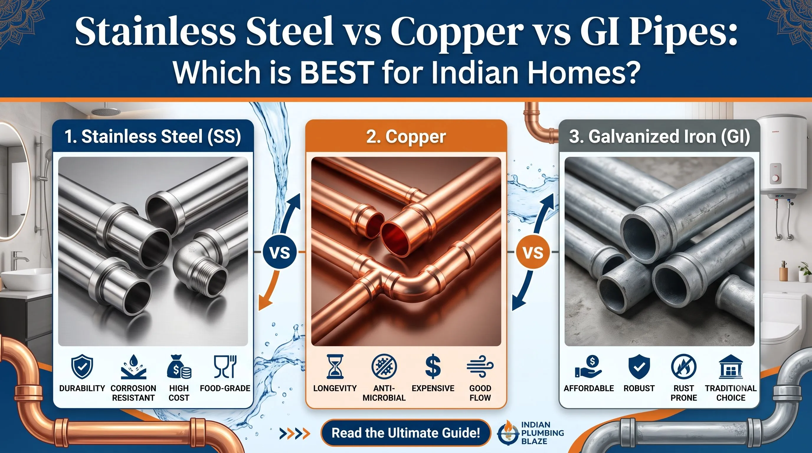 Stainless Steel vs Copper vs GI Pipes: Best for Indian Homes